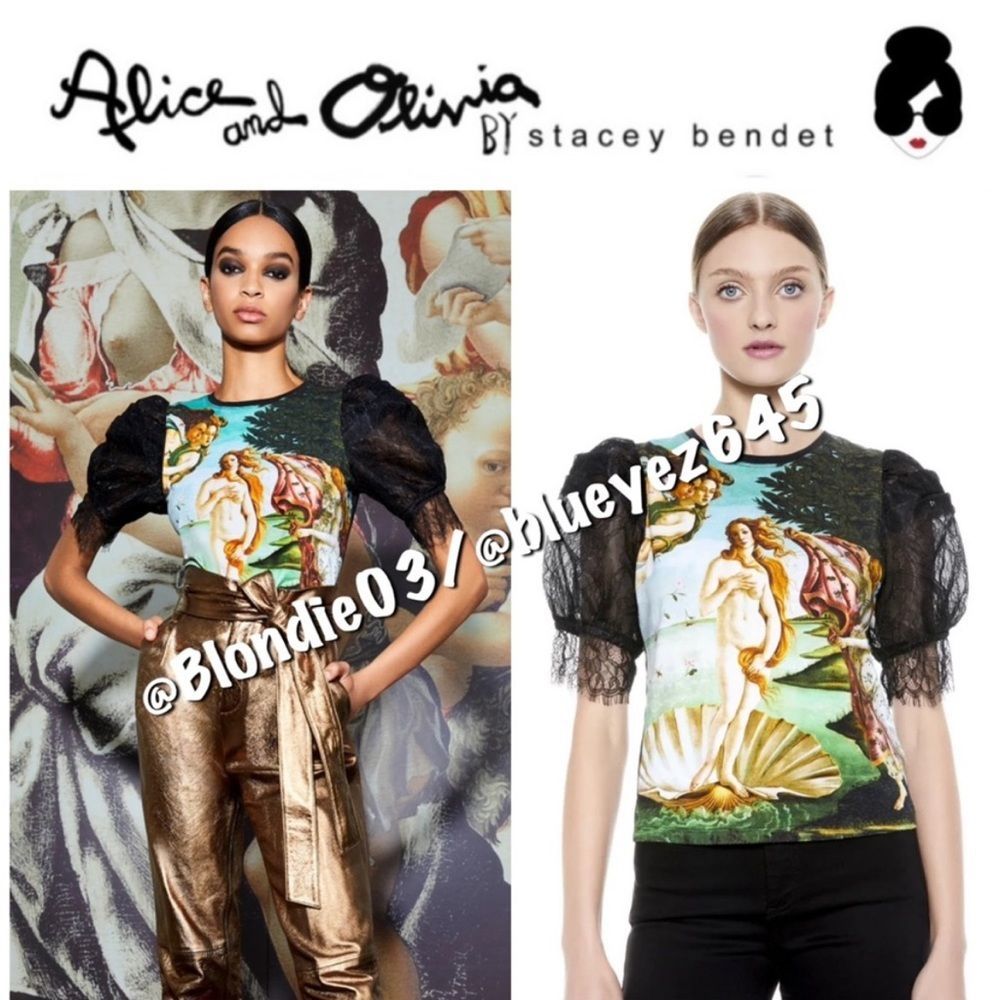 Alice + Olivia Posey Puff Sleeve Tee in Birth of Venus Multi/blk XS